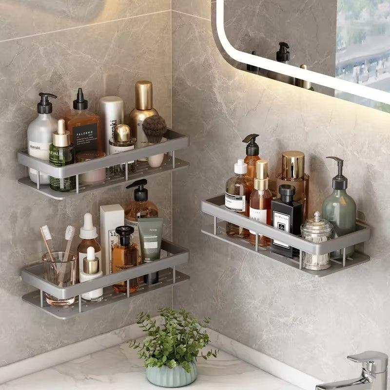 Wall Mounted 2 Tier Shelf No Drill Bathroom Shampoo Holder Floating Shelf for Wall Shelving Bathroom Kitchen Hardwares Organizer