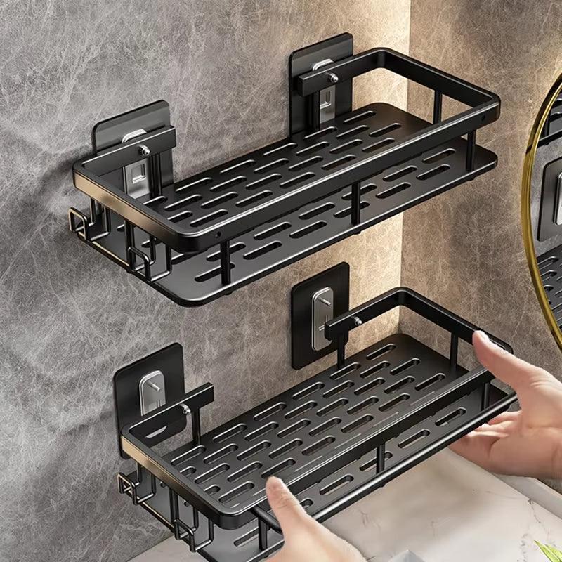 Wall Mounted 2 Tier Shelf No Drill Bathroom Shampoo Holder Floating Shelf for Wall Shelving Bathroom Kitchen Hardwares Organizer