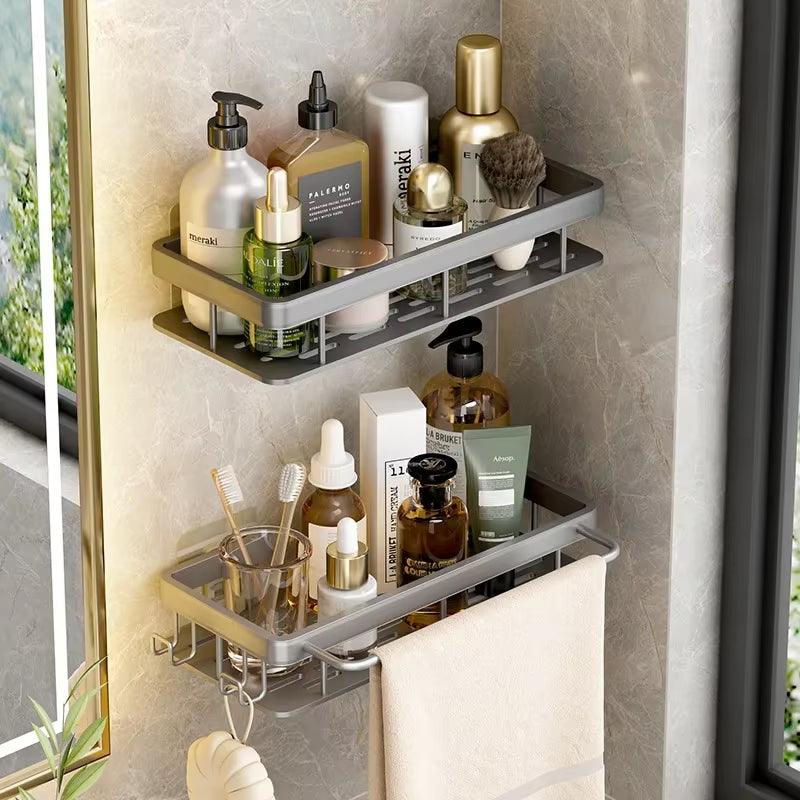 Wall Mounted 2 Tier Shelf No Drill Bathroom Shampoo Holder Floating Shelf for Wall Shelving Bathroom Kitchen Hardwares Organizer